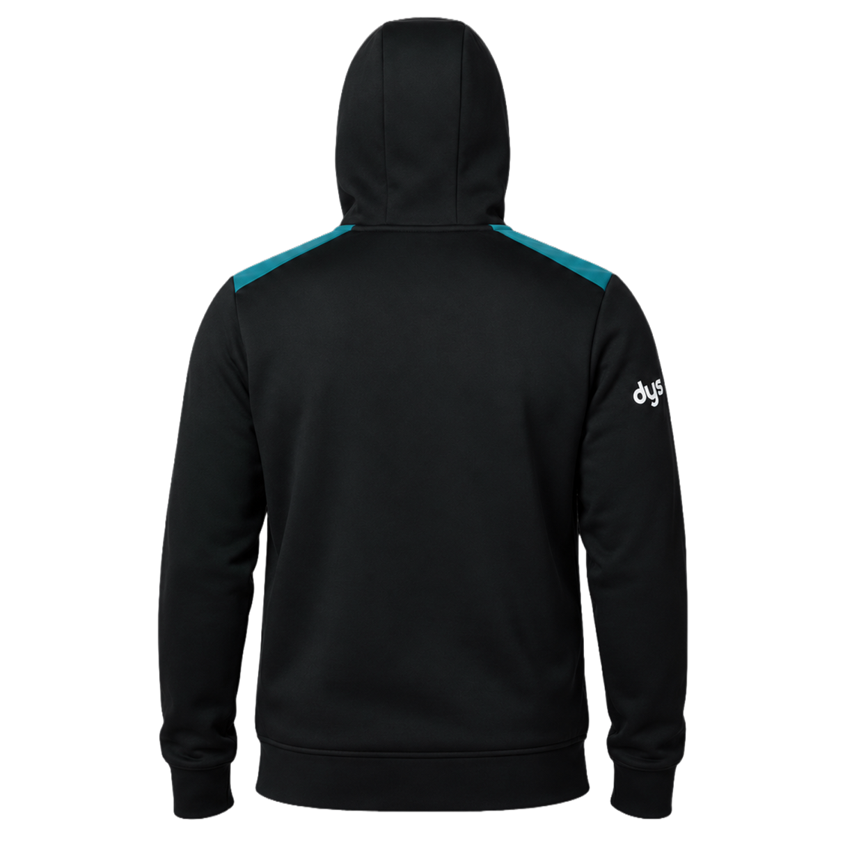 The Bath 23/24 Full Zip Hoodie by Castore is a black hoodie with teal shoulder accents and "dys" text on the right sleeve—a stylish choice for any rugby fan from Castore.