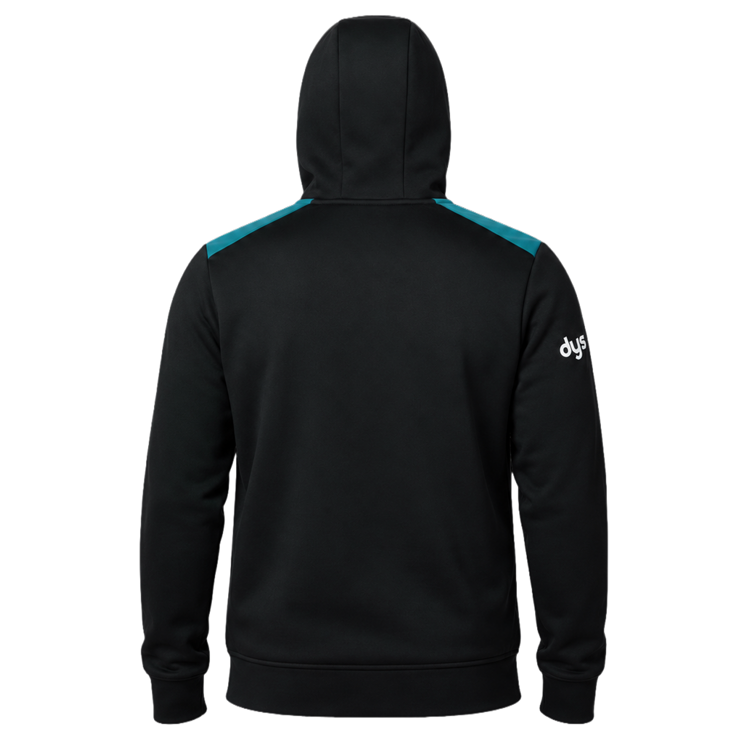 The Bath 23/24 Full Zip Hoodie by Castore is a black hoodie with teal shoulder accents and "dys" text on the right sleeve—a stylish choice for any rugby fan from Castore.