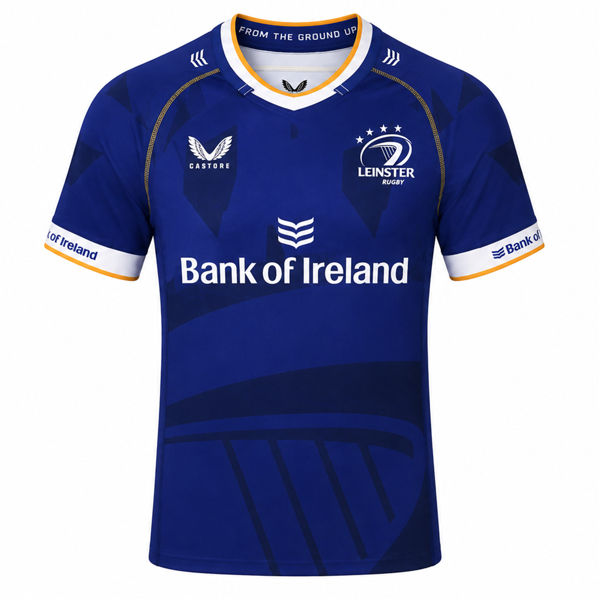 The Leinster 23/24 Replica Home Jersey by Castore features blue with white and gold accents, "Bank of Ireland" sponsor, and Castore logos. Official replica jersey for dedicated Leinster Rugby fans.