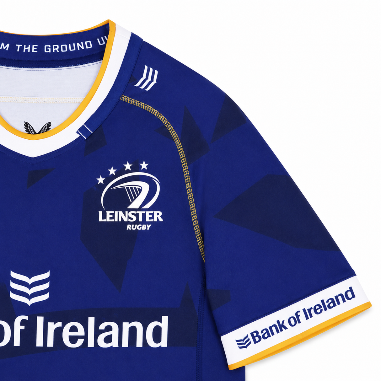 The Leinster 23/24 Replica Home Jersey by Castore showcases the team logo, three stars, Bank of Ireland sponsor, and yellow trim. This official Castore jersey is ideal for any Leinster Rugby supporter.