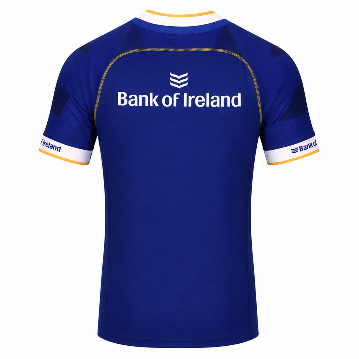 The Leinster 23/24 Replica Home Jersey by Castore is blue with white and gold trim, featuring "Bank of Ireland" logos on the back and sleeves—a must-have official jersey for true fans.