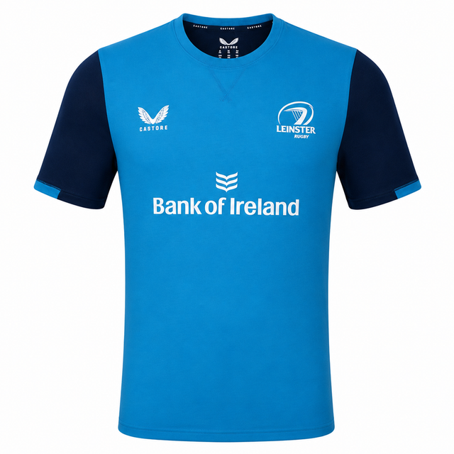 The Leinster 23/24 SS Travel Tee by Castore features blue and navy colors, short sleeves, Castore logo, Bank of Ireland sponsor, and the Leinster Rugby crest on the chest.