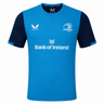 The Leinster 23/24 SS Travel Tee by Castore features blue and navy colors, short sleeves, Castore logo, Bank of Ireland sponsor, and the Leinster Rugby crest on the chest.