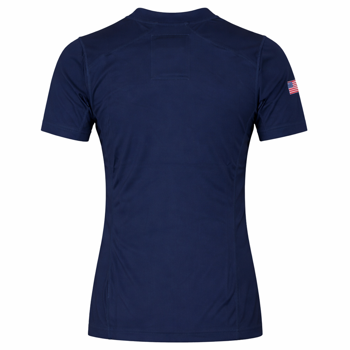 A navy blue short-sleeve USA Rugby 24/25 Pro Home Jersey by Castore, shown from the back, featuring a small American flag patch on the left sleeve.