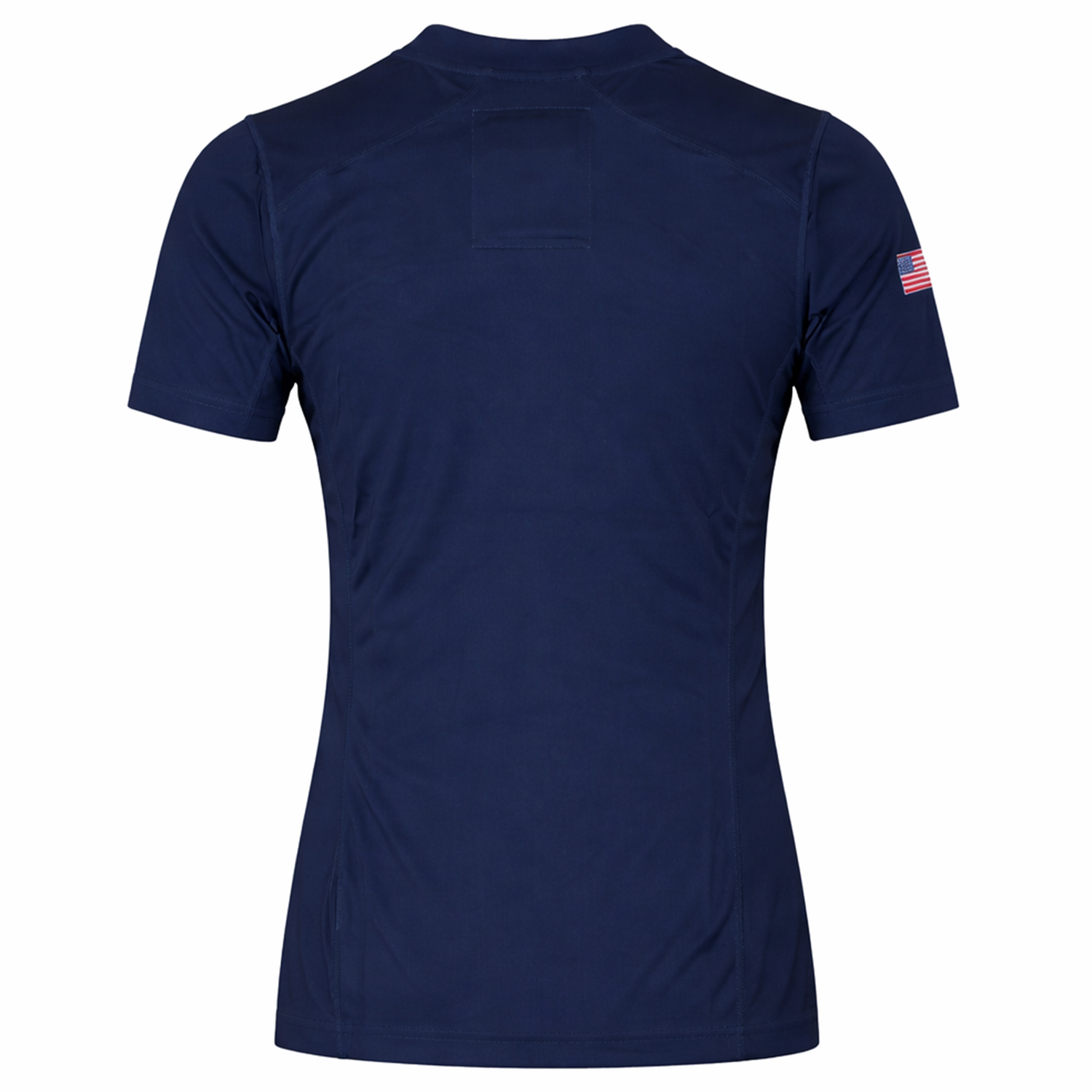 A navy blue short-sleeve USA Rugby 24/25 Pro Home Jersey by Castore, shown from the back, featuring a small American flag patch on the left sleeve.