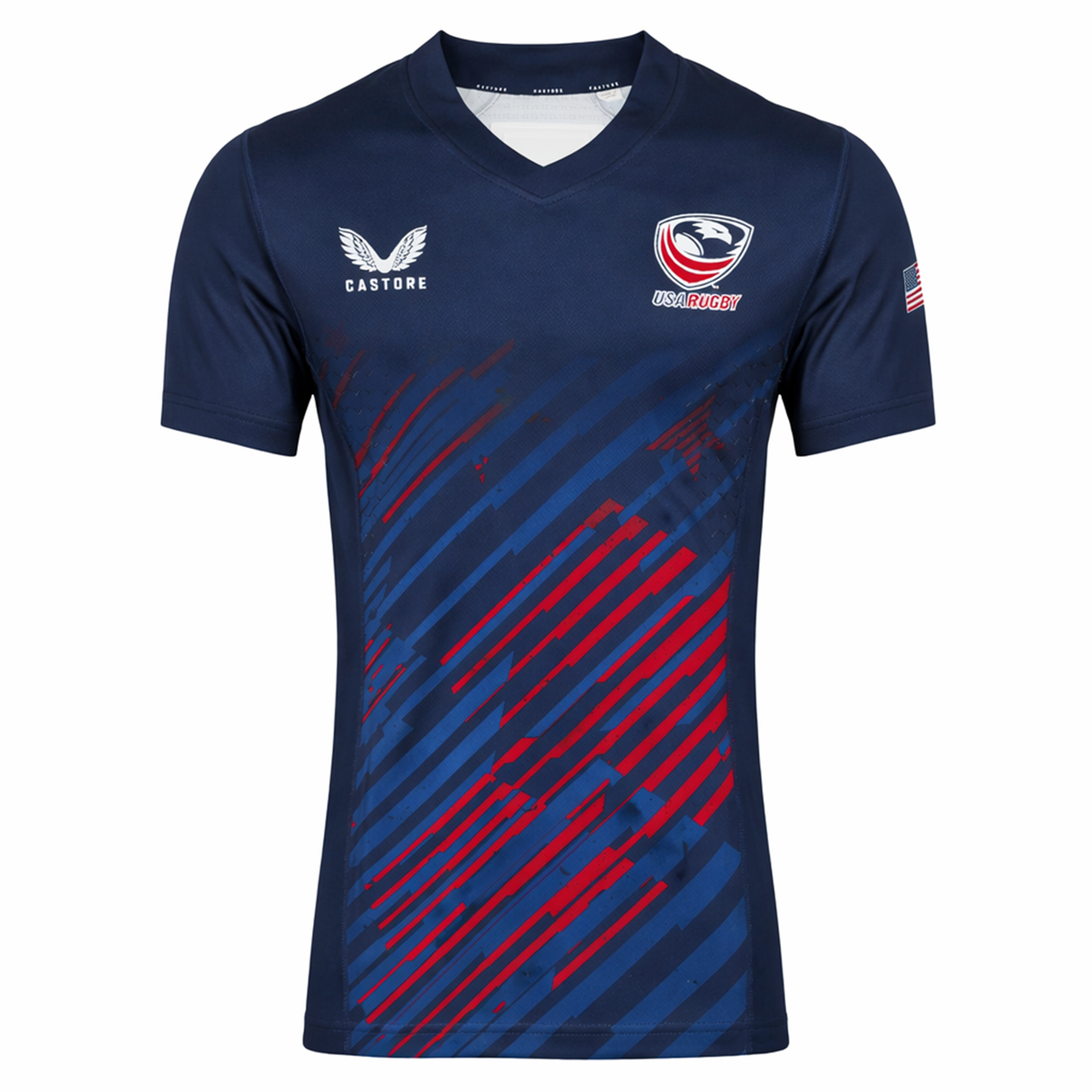 Show your support with the USA Rugby 24/25 Pro Home Jersey by Castore, featuring red and blue diagonal stripes, chest logos, and an American flag on the sleeve—official gear for fans.