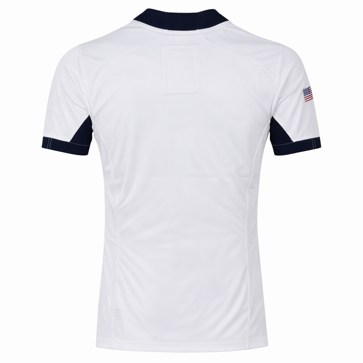 The USA Rugby 24/25 Pro Away Jersey by Castore is a white short-sleeve jersey with navy collar and sleeve accents, viewed from the back, featuring a small American flag on the right sleeve—ideal for USA Rugby fans.