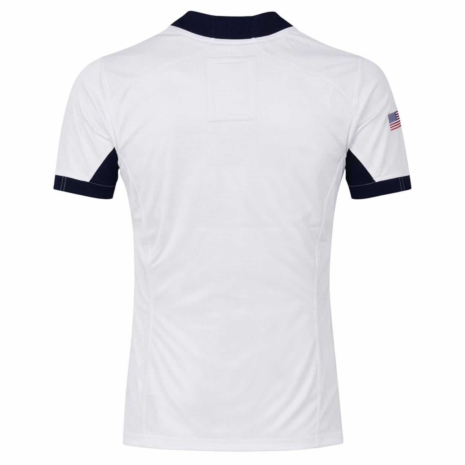 The USA Rugby 24/25 Pro Away Jersey by Castore is a white short-sleeve jersey with navy collar and sleeve accents, viewed from the back, featuring a small American flag on the right sleeve—ideal for USA Rugby fans.