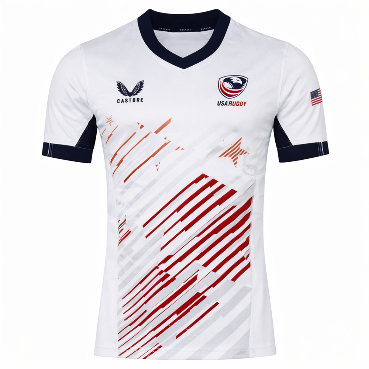 Show your pride in the USA Rugby 24/25 Pro Away Jersey by Castore, featuring a navy collar and cuffs, bold red diagonal stripes, stars, the USA Rugby logo, and an American flag patch on the sleeve.