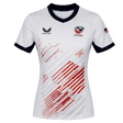 The USA Rugby 24/25 Pro 7s Away Jersey by Castore for women features red and gray stripes, USA Rugby and Castore logos, a black collar and cuffs, plus a small USA flag on the right sleeve.