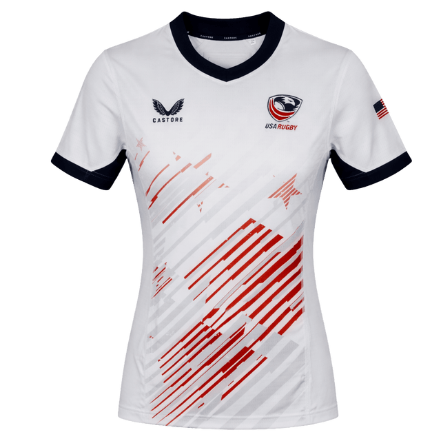 The USA Rugby 24/25 Pro 7s Away Jersey by Castore for women features red and gray stripes, USA Rugby and Castore logos, a black collar and cuffs, plus a small USA flag on the right sleeve.