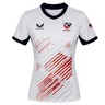 The USA Rugby 24/25 Pro 7s Away Jersey by Castore for women features red and gray stripes, USA Rugby and Castore logos, a black collar and cuffs, plus a small USA flag on the right sleeve.