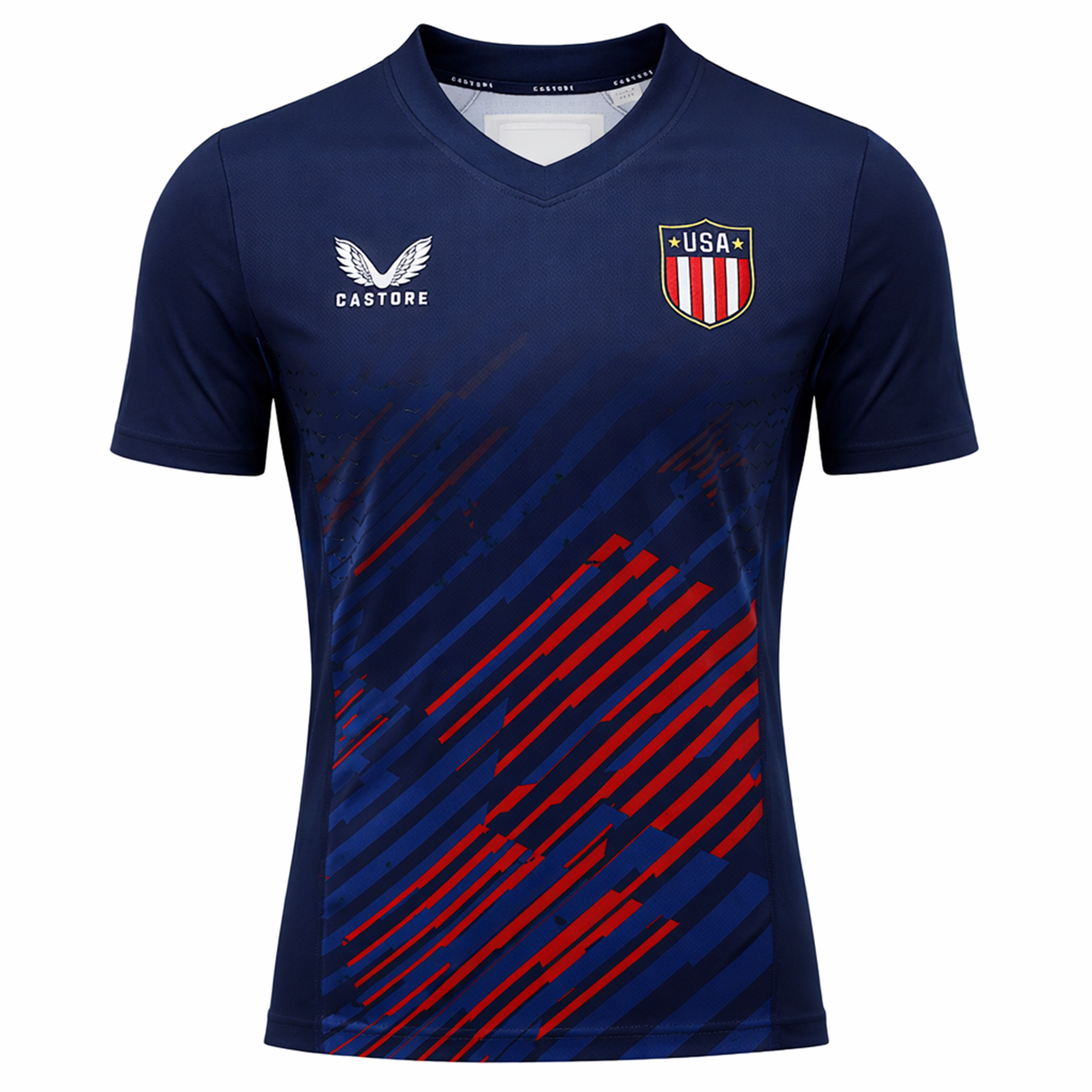 The USA Rugby 24/25 7s Olympic Pro Home Jersey by Castore features navy blue with red diagonal stripes, a "USA" chest badge, and a white Castore logo—styled like official USA Rugby 7s or Olympic Pro jerseys.