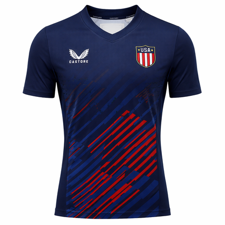The USA Rugby 24/25 7s Olympic Pro Home Jersey by Castore features navy blue with red diagonal stripes, a "USA" chest badge, and a white Castore logo—styled like official USA Rugby 7s or Olympic Pro jerseys.