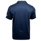 A navy blue short-sleeve USA Rugby 24/25 Olympic 7's Jersey by Castore, shown from the back, features a small American flag patch on the left sleeve—ideal for Eagles fans and USA supporters.