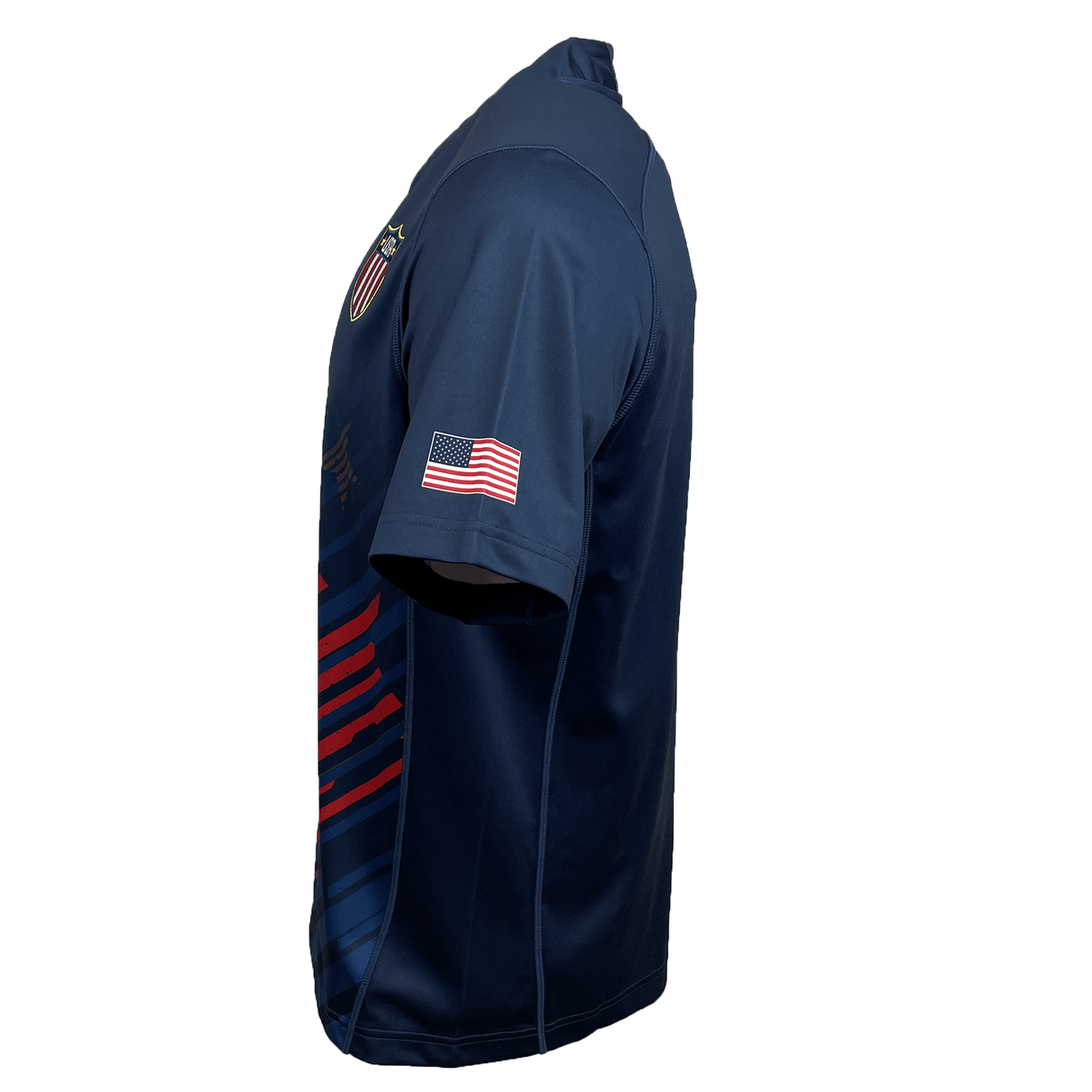 Side view of the Castore USA Rugby 24/25 Olympic 7's Jersey: navy blue, short sleeves, with a small American flag patch on the sleeve and a USA crest on the chest—essential gear for Eagles fans.