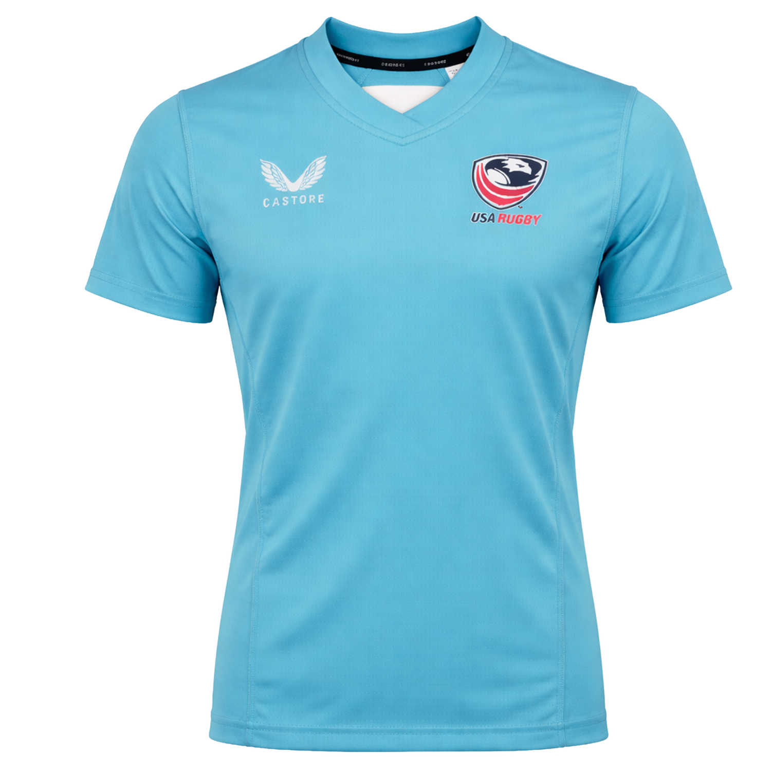 The USA Rugby 24/25 Pro Training Jersey by Castore is a light blue short-sleeve top with the USA Rugby and Castore logos on the chest.