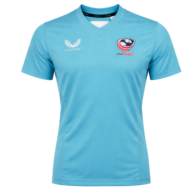 The USA Rugby 24/25 Pro Training Jersey by Castore is a light blue short-sleeve top with the USA Rugby and Castore logos on the chest.