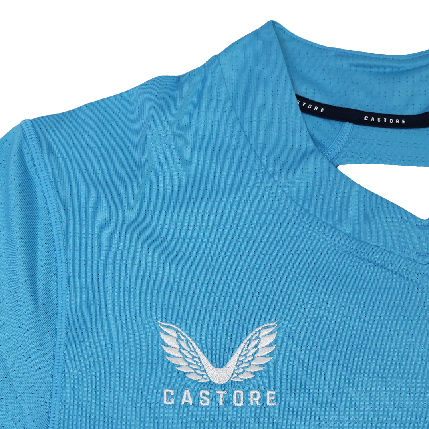 The USA Rugby 24/25 Pro Training Jersey by Castore is a light blue top featuring the Castore logo with white wings and embroidered branding on the chest—ideal for fans of USA Rugby.