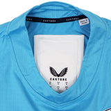 Close-up of the USA Rugby 24/25 Pro Training Jersey by Castore in light blue, highlighting the collar’s reinforced seams, brand label & GPS pocket—ideal for USA Rugby supporters.