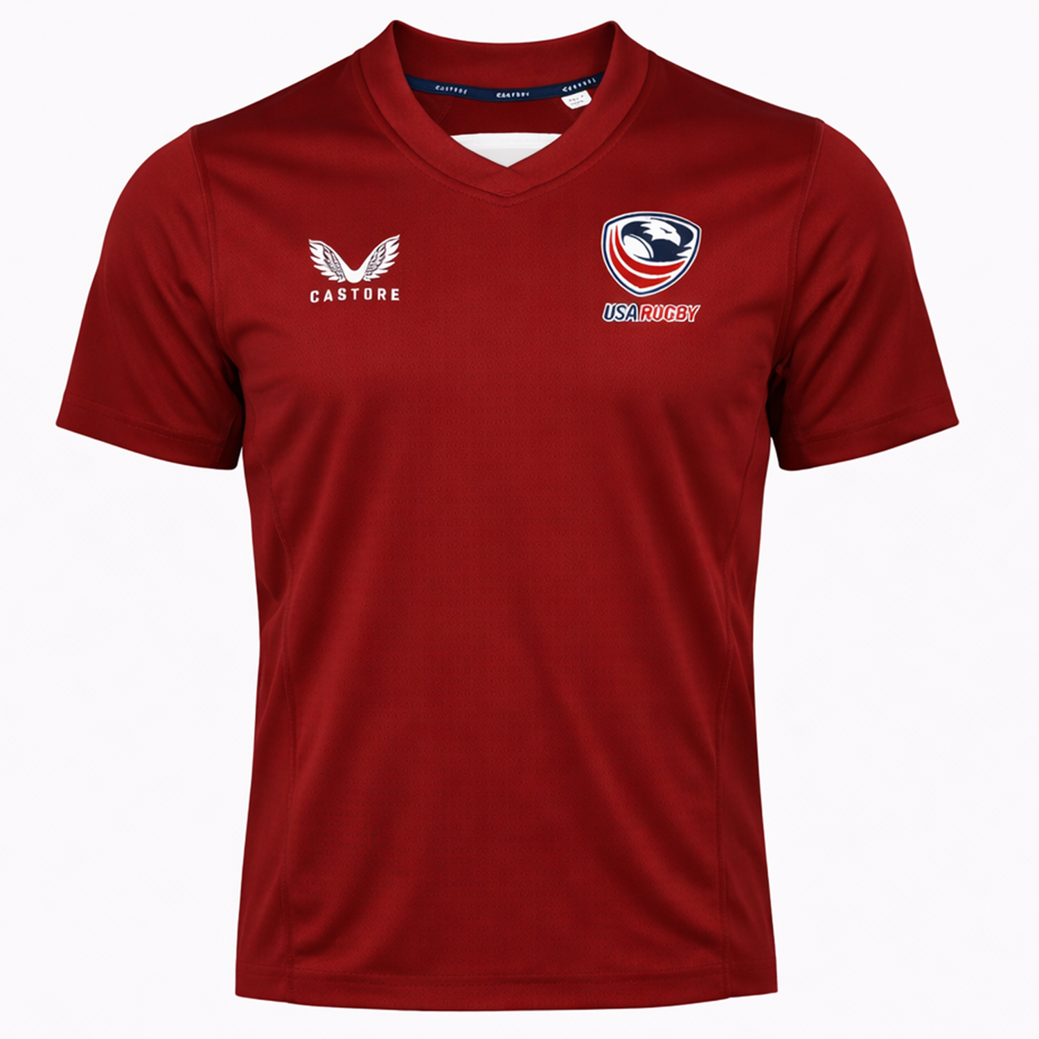 The USA Rugby 24/25 Pro Training Jersey by Castore is a red V-neck jersey with the Castore logo on the right chest and the USA Rugby eagle logo on the left.