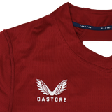 A close-up of the USA Rugby 24/25 Pro Training Jersey by Castore shows the white winged Castore logo and brand name on the chest, specially designed for USA Rugby athletes.