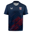 Show your support with the Castore USA Rugby 23/24 Replica Home Jersey, featuring navy blue, red and blue diagonal stripes, American flag on the left sleeve, USA Rugby and Castore logos—a stylish, moisture-wicking pick for Eagles fans.