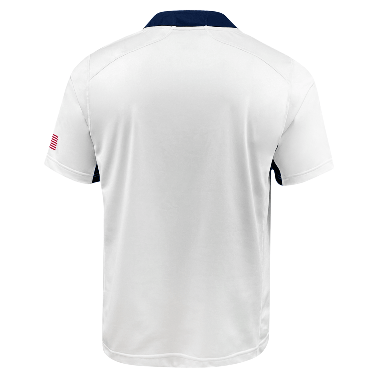 The Castore USA Rugby 24/25 Replica Away Jersey features a white short-sleeve design with navy accents, a small American flag on the right sleeve, and moisture-wicking fabric for comfort—shown here from the back.