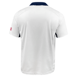 The Castore USA Rugby 24/25 Replica Away Jersey features a white short-sleeve design with navy accents, a small American flag on the right sleeve, and moisture-wicking fabric for comfort—shown here from the back.