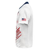 The USA Rugby 24/25 Replica Away Jersey by Castore features a white short-sleeve design with a navy collar and American flag accents. Crafted from moisture-wicking fabric, this Castore jersey combines comfort with team spirit.