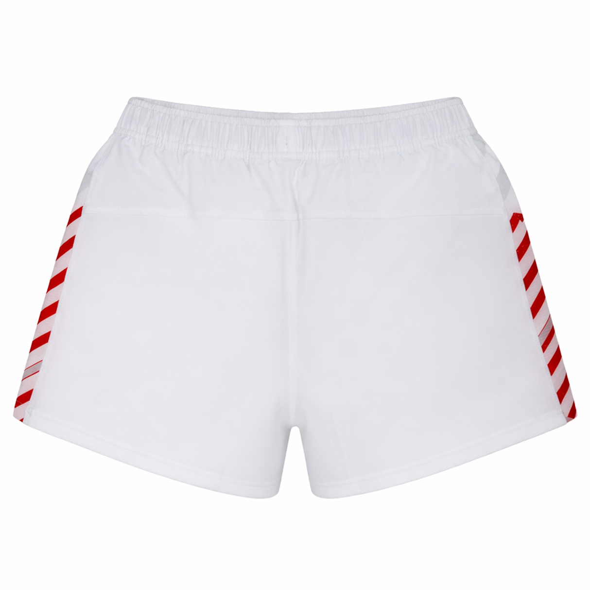 Back view of the USA Rugby 24/25 7s Olympic Pro Away Short by Castore, featuring white athletic fabric, red diagonal side stripes, and an elastic waistband.