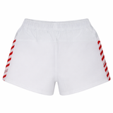 Back view of the USA Rugby 24/25 7s Olympic Pro Away Short by Castore, featuring white athletic fabric, red diagonal side stripes, and an elastic waistband.