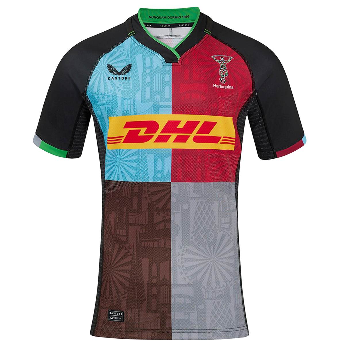 The Harlequins 24/25 Pro Home Jersey by Castore features multi-color panels with black sleeves, bold geometric patterns, a DHL chest logo, and the Harlequins crest on the left—official 2024/25 home kit.