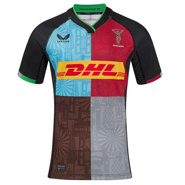 The Harlequins 24/25 Pro Home Jersey by Castore features multi-color panels with black sleeves, bold geometric patterns, a DHL chest logo, and the Harlequins crest on the left—official 2024/25 home kit.