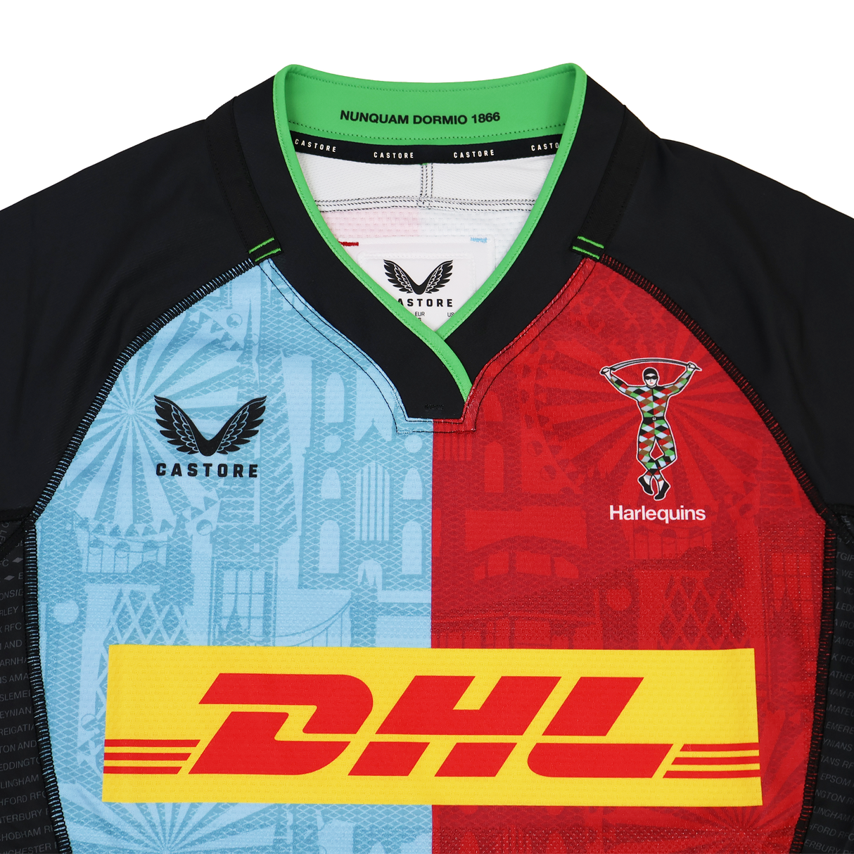 The Harlequins 24/25 Pro Home Jersey by Castore features light blue and red halves, black sleeves, Castore branding, and a bold yellow DHL sponsor logo across the chest.