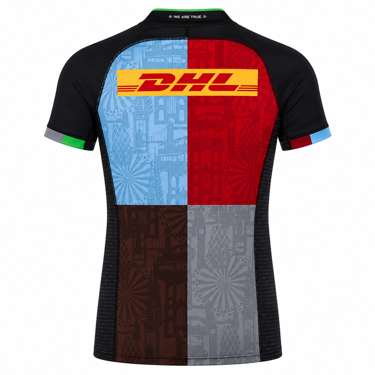 Back view of the Harlequins 24/25 Pro Home Jersey by Castore, showing a DHL logo on the upper back and a patchwork design in red, blue, black, and gray with subtle cityscape details—a bold rugby shirt from Castore.
