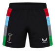 The Harlequins 24/25 Pro Home Short by Castore features black fabric with colorful side panels and official Harlequins and Castore logos—ideal for fans wanting authentic rugby teamwear.