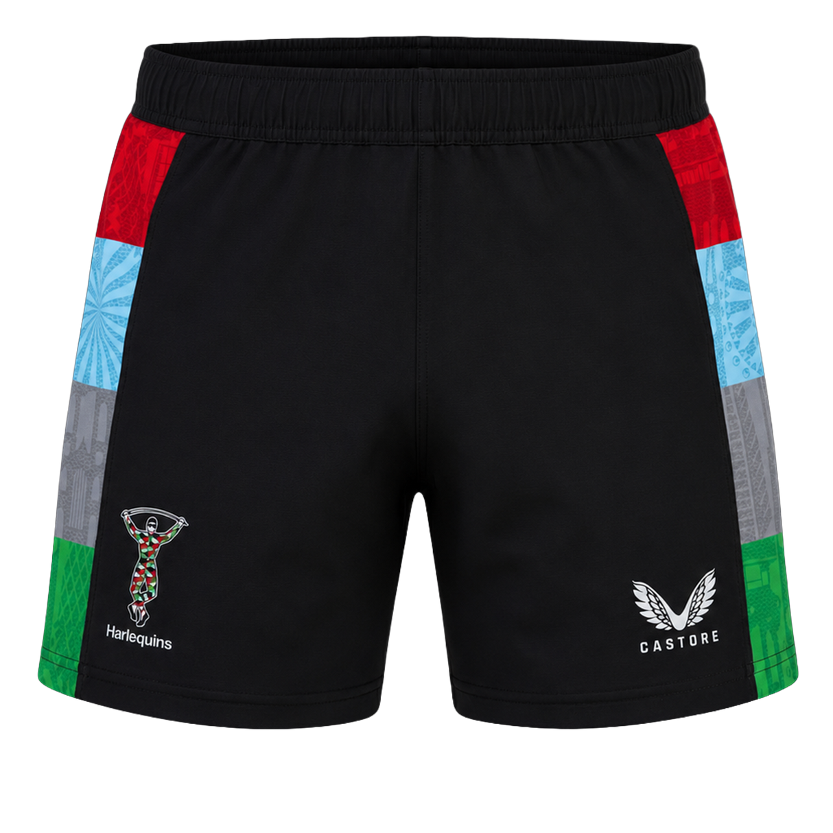 The Harlequins 24/25 Pro Home Short by Castore features black fabric with colorful side panels and official Harlequins and Castore logos—ideal for fans wanting authentic rugby teamwear.