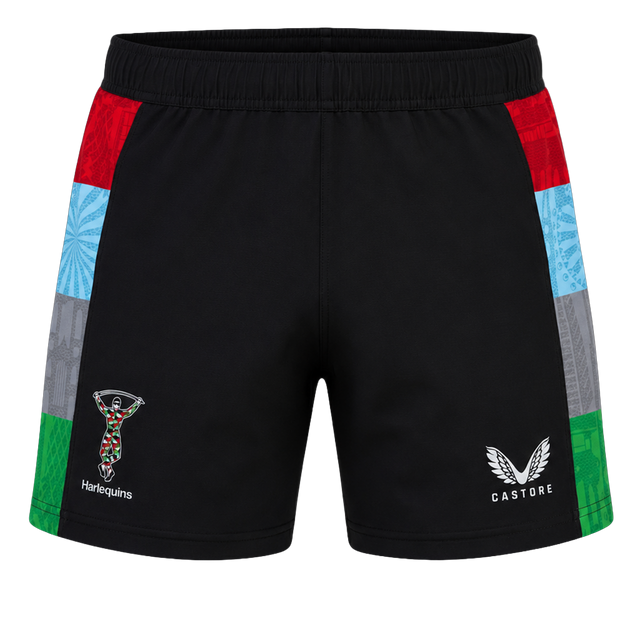 The Harlequins 24/25 Pro Home Short by Castore features black fabric with colorful side panels and official Harlequins and Castore logos—ideal for fans wanting authentic rugby teamwear.