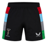 The Harlequins 24/25 Pro Home Short by Castore features black fabric with colorful side panels and official Harlequins and Castore logos—ideal for fans wanting authentic rugby teamwear.