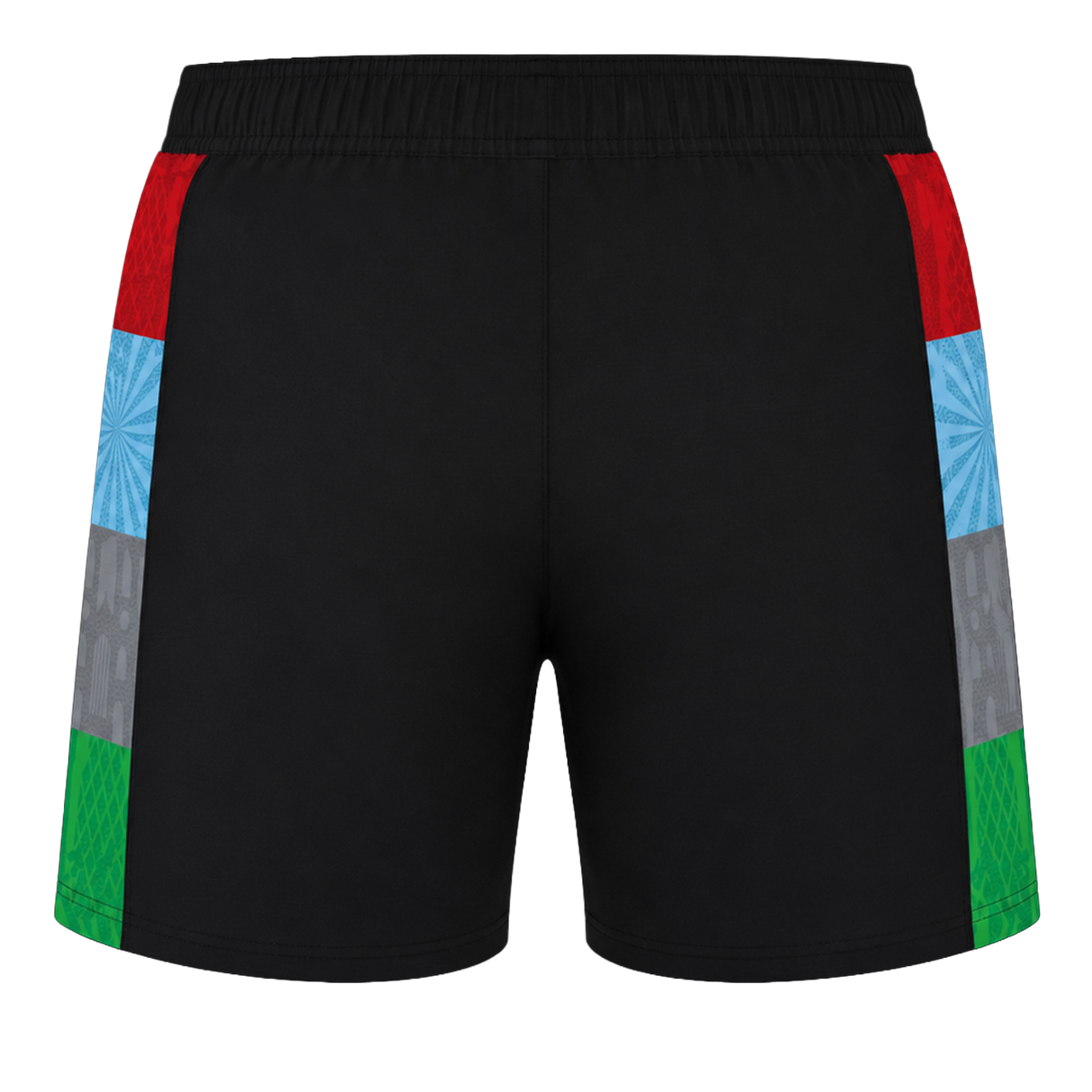 The Castore Harlequins 24/25 Pro Home Short features black fabric with red, blue, gray, and green color-blocked side panels, inspired by professional rugby teamwear and shown from the back.