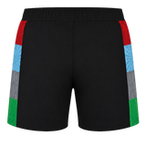 The Castore Harlequins 24/25 Pro Home Short features black fabric with red, blue, gray, and green color-blocked side panels, inspired by professional rugby teamwear and shown from the back.