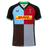 The Harlequins 24/25 Replica Home Jersey by Castore features a black collar and sleeves, a multicolored quartered front, and the DHL sponsor logo on the chest.