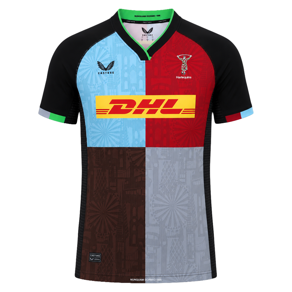 The Harlequins 24/25 Replica Home Jersey by Castore features a black collar and sleeves, a multicolored quartered front, and the DHL sponsor logo on the chest.