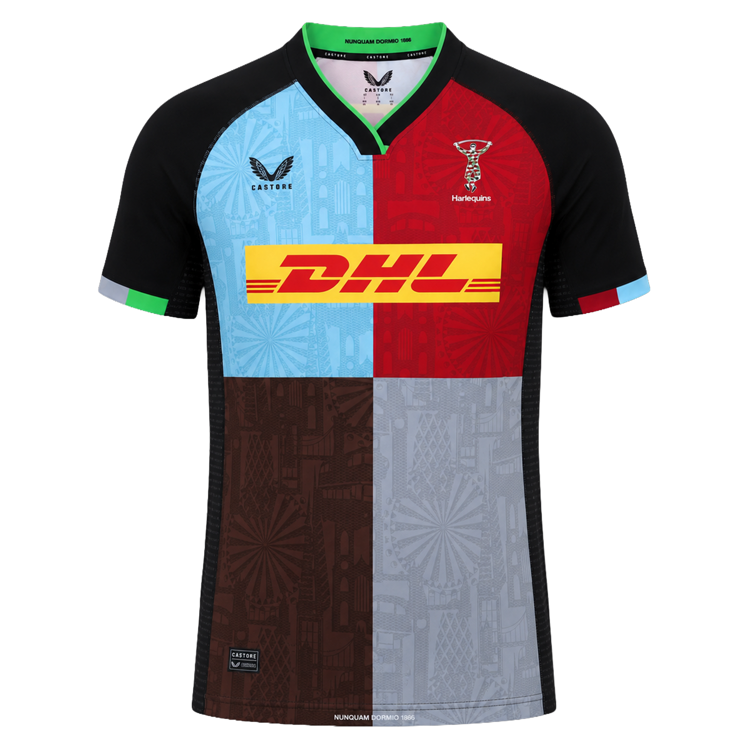 The Harlequins 24/25 Replica Home Jersey by Castore features a black collar and sleeves, a multicolored quartered front, and the DHL sponsor logo on the chest.