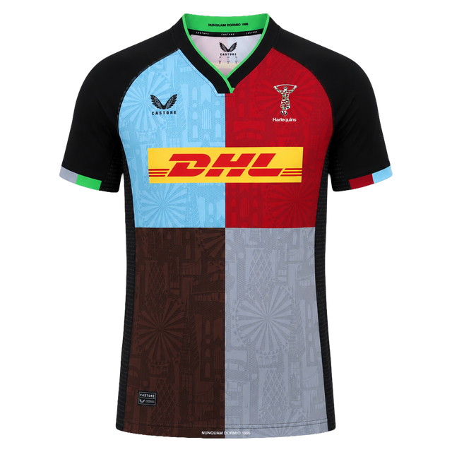 The Harlequins 24/25 Replica Home Jersey by Castore features a black collar and sleeves, a multicolored quartered front, and the DHL sponsor logo on the chest.