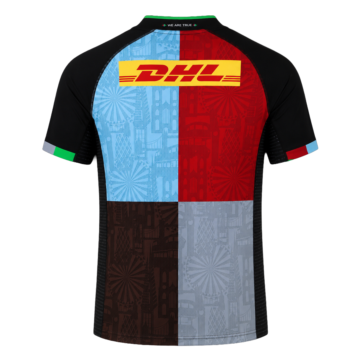 Back view of the Harlequins 24/25 Replica Home Jersey by Castore: short sleeves, black shoulders, four-color patchwork, and DHL logo on the upper back—an official rugby home jersey from Castore.