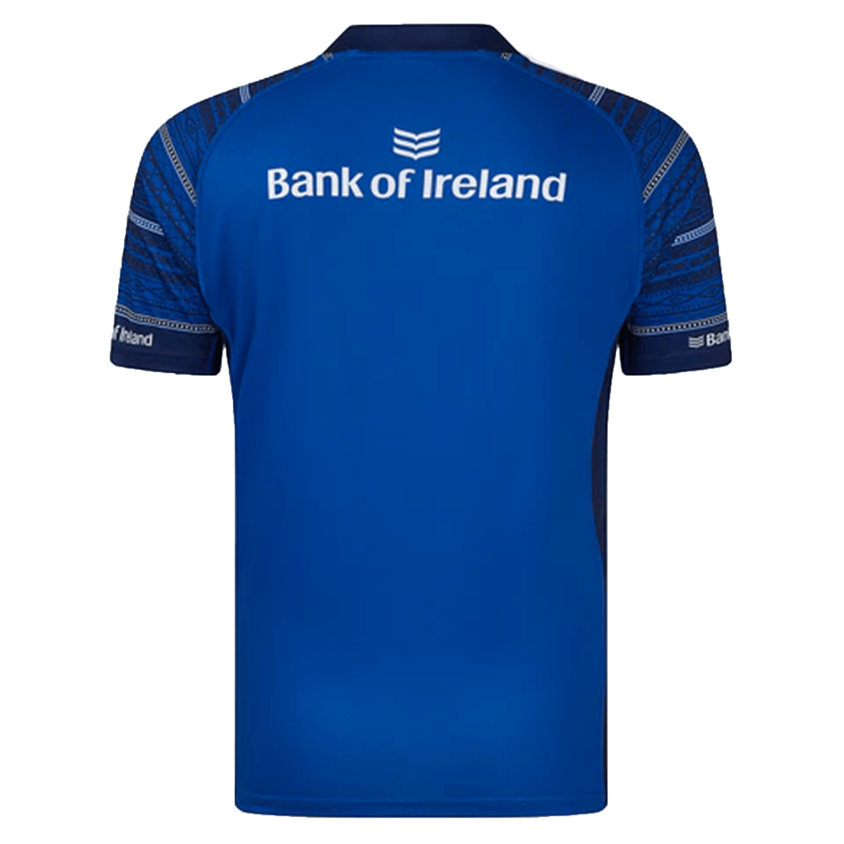 The Castore Leinster 24/25 Home Replica Jersey is blue with patterned short sleeves and features the "Bank of Ireland" logo and text on the upper back, designed for Leinster Rugby.