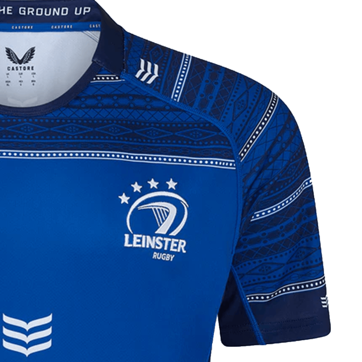A close-up of the Leinster 24/25 Home Replica Jersey by Castore, showcasing blue fabric with white patterns, the Leinster Rugby logo, and sponsor branding on the chest and right sleeve.