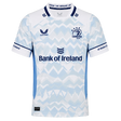 The Castore Leinster 24/25 Replica Away Jersey features a light blue and white zigzag design, sponsorship logos, and three stars above the club crest on the chest.